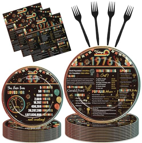 Hokinaa Vintage 50th Birthday Decorations - 96 Pcs Retro Sunset Party Paper Plates and Napkins Forks Tableware Disposable Happy Cheers to 50 Year Old 1976 Decor Supplies for Men Women Serves 24 Guests