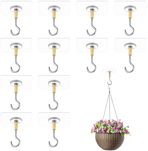 SHUTIANYA 12 Piezas Ganchos de Techo Autoadhesivos Sin Perforación, Ganchos Adhesivos Extra Fuertes, Ganchos de Techo de Carga Pesada para Colgar en Baño, Cocina, Oficina, Plantas, Macetas de Flores
