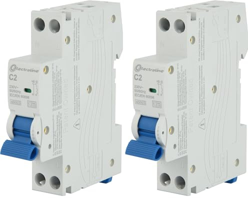 Electraline 87000 Disjoncteur 2A, courbe C (protection optimale contre les surintensités et les courts-circuits), 1P+N, 4.5kA, 240V, certifié CE, KEMA-KEUR et UKCA (Lot de 2)