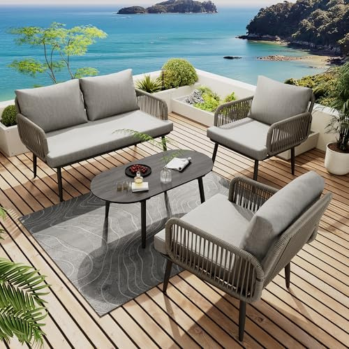 Lot de 4 meubles de jardin avec canapé 2 places, 2 fauteuils et table en verre - Ensemble salon d'extérieur avec coussins, corde en polyéthylène tressé, cadre en acier galvanisé, meubles de balcon