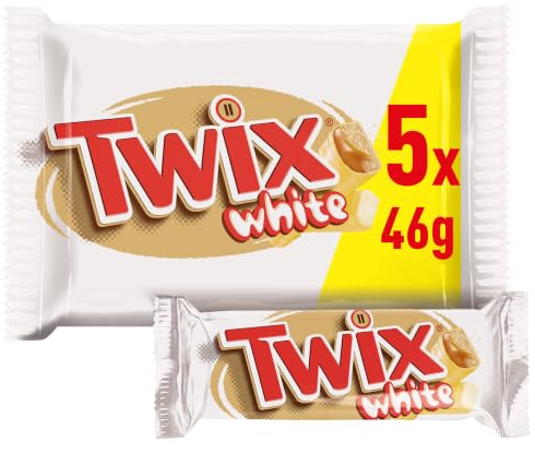 Twix White weiße Schokolade Riegel Keks & Karamell, 5x46g | Knuspriger Keks mit zartem Karamell umhüllt von weißer Schokolade — der beliebte Twix-Genuss im praktischen Multipack