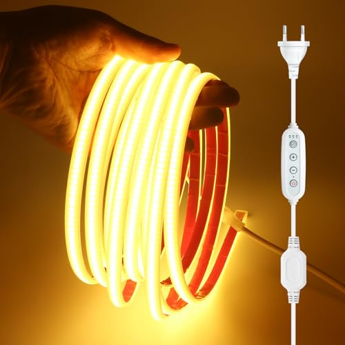 HEGEHE Dimmbar COB LED Streifen mit Timer Funktion, 220V 288LEDs/m Superhell Hohe Dichte, Silikon IP65 Wasserdicht Flex Selbstklebend LED Lichtband Leuchtband Strip, Plug-and-Play(Warmweiß, 5M)