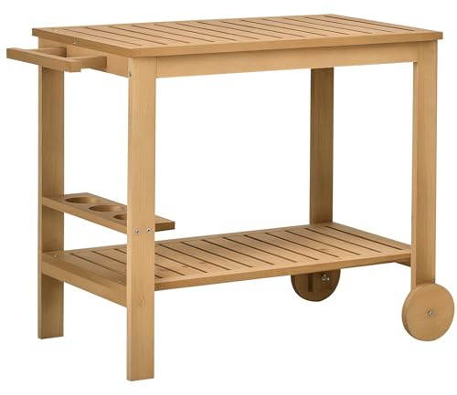 Outsunny Carrello Portavivande da Giardino, Carrellino 95x47x74 cm Legno | Legno di Abete, 2 Ripiani a Doghe, Carrello di Servizio, 3 Portabottiglie e Maniglia, per Patio Terrazza