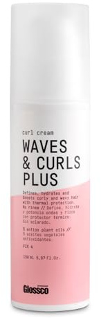 GLOSSCO PROFESSIONAL - Crema Rizos y Ondas Waves & Curls Plus, 200 ml, Fijación Nivel 4, Define, Hidrata y Aporta Brillo, Protección Térmica y Solar, Elimina el Encrespamiento, Sin Aclarado