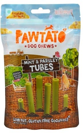 Pawtato Vegan Dog Chews Mint & Parsley Tubes. Natural rawhide alternative dog treat. Low fat, plant based, hypoallergenic, sweet potato and rice chews, 90g