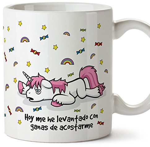 MUGFFINS Taza Unicornio - Hoy me he levantado con ganas de acostarme - Regalo Original con Frases Divertidas para desayunos