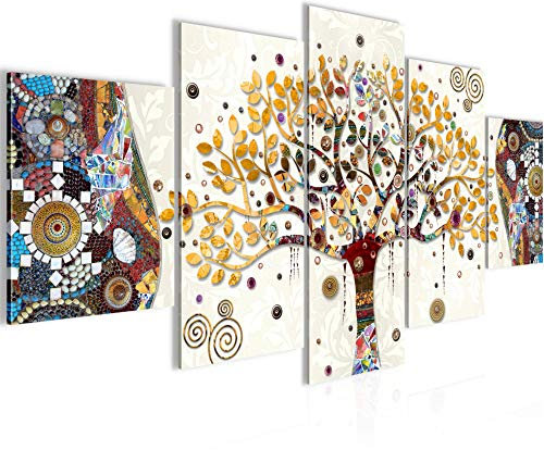 Runa Art Tableau mural Gustav Klimt Arbre De Vie 5 Parties Impression sur Toile Intissee Decotation Salon Abstrait Arbre Coloré 004652a