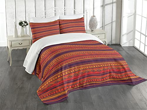 ABAKUHAUS Ethno Boho Tagesdecke Set, Abstrakte Ethno Doodle, Set mit Kissenbezügen Waschbar, für Einzelbetten 170 x 220 cm, Orange Rot