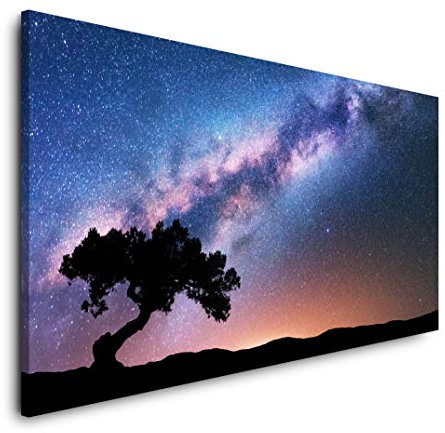 Baum mit Sonnenstrahlen und Milchstraße 120x 60cm Panorama Leinwand Bild XXL Format Wandbilder Wohnzimmer Wohnung Deko Kunstdrucke