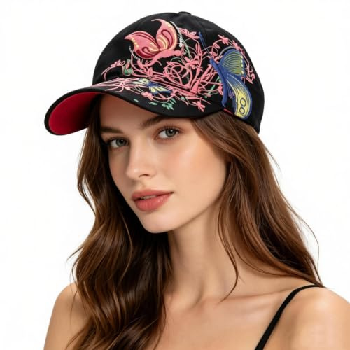 ITODA Baseball Cap Damen Baseballkappe Stickerei Schmetterling Sonnenhut, Atmungsaktive UV-Schutz Baseballmütze Verstellbare Snapback Kappe für Outdoor Freizeit Sport Reisen Laufen