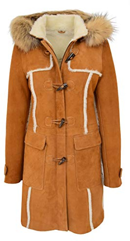 A1 FASHION GOODS Evie Damen Dufflecoat aus echtem Schaffell, Cognac, 3/4-Größe, lang, mit Kapuze, Lammfell, cognac, 38