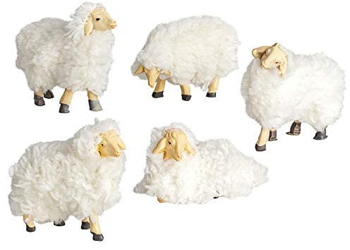 MaMeMi Fünf Wollschafe/SCHAFSHERDE [Maßstab 12 cm, mit flauschigem Fell] – Krippentiere & Krippenfiguren als Zubehör für Weihnachtskrippen & stimmungsvolle Krippenlandschaften