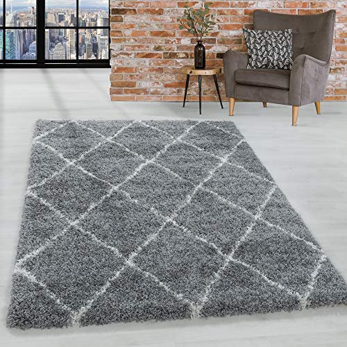 HomebyHome Shaggy Teppich 200x300 Wohnzimmer (200 x 290 cm) - Hochflor Teppich Skandi Rauten Grau Extra Weich und Flauschig - Bettvorleger Teppich für Schlafzimmer, Küche, Flur - Carpet, Halı, Kilim