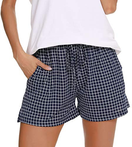 Lovasy Bas de Pyjama Femme Short de Pyjama d'été en Coton à Carreaux Léger Short de Nuit Grande Taille,Bleu,XL