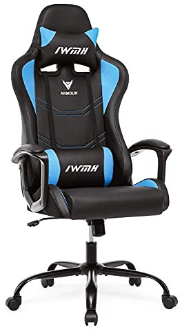 IWMH Gaming Stuhl, Ergonomischer Computerstuhl mit Hoher Rücklehne, Höhenverstellbarer Drehstuhl, Racing Stuhl mit Armlehnen, Verstellbarer Kopfstütze und Lendenstütze (Blau)