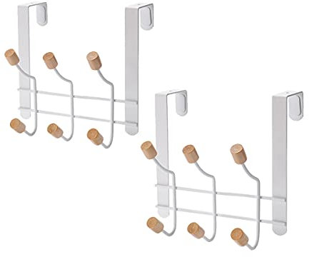 TentHome 2er Set Türhaken Türgarderobe Doppelhaken zum Einhängen Garderobenleiste Hakenleiste Metall Holz Tür-Garderobe Kleiderhaken Weiß/Natur M