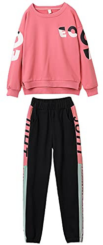 amropi 2 PCS Set Completo Ragazze Tuta a Righe Felpa Top + Jogging Pantalonio Rosso Nero,7-8 Anni