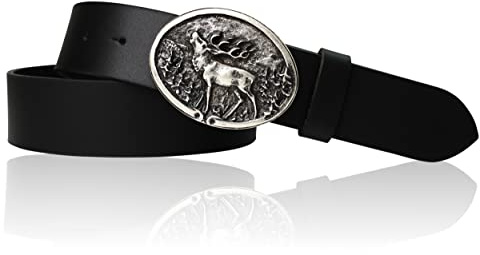 FRONHOFER Trachtengürtel mit Trachtengürtelschnalle Hirsch Motiv in Silber, 17745, Größe:Körperumfang 105 cm/Gesamtlänge 120 cm, Farbe:Schwarz