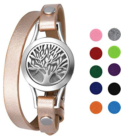 Flongo Aromatherapie Lederarmband Damen-Armband Armreif Aroma Locket Diffuser Duftstofflocket mit Farbigen Filz-Pads ätherisches Öl Diffusor für Frauen Silber