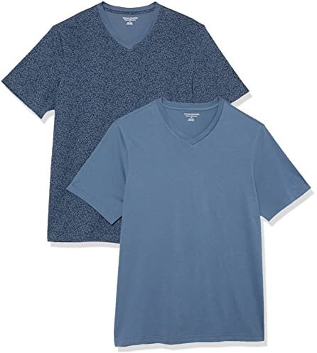 Amazon Essentials Men's T-Shirt Regular-Fit Short-Sleeve V-Neck (Available in Big & Tall), Pack of 2, Washed Blue/Floral Print, Large