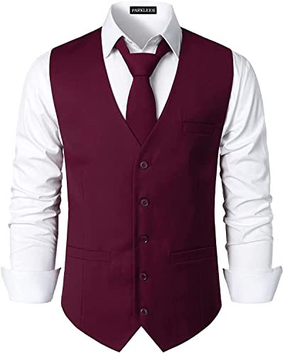 PARKLEES Gilet de smoking pour homme, style hipster, style urbain, affaires, formel, coupe ajustée, rouge vin, M
