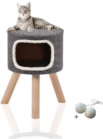 Elegant designte Katzentonne Aspen in Grau, Größe 1 – Stabiles Holzgestell mit hochwertigem Filz bezogen, Katzenhöhle inkl. Spielballset