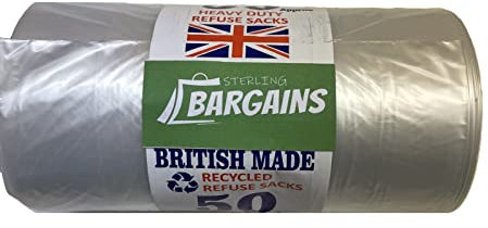 Lot de 50 rouleaux de sacs poubelle épais en plastique de fabrication britannique - 75 litres - Transparents