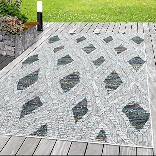 HomebyHome In & Outdoor Wetterfest 140x200 cm Multi, Zickzack Design 3D Effekt - Balkon Teppich Wasserfest, Kurzflor, Flachgewebt - Ideal für Küche, Garten, Camping und Terrasse