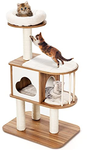 GYMAX Kratzbaum Stabiler Katzenbaum Katzenmöbel Katzenkratzbaum Kletterbaum für Katzen Höhe 117 cm (Braun)