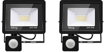 2PACK - Projecteur LED 20W Avec Détecteur de Mouvement, Blanc Froid (6000K) 2000LM, Extérieur IP66 Imperméable, Pour Sécurité, Garage, Couloir