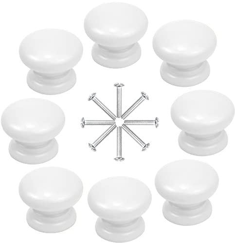 Orenge 8 Pcs Boutons de Meuble 33MM Blanc en Bois pour Porte d'Armoire, Tiroir, Placard - Forme Ronde et Champignon avec Vis