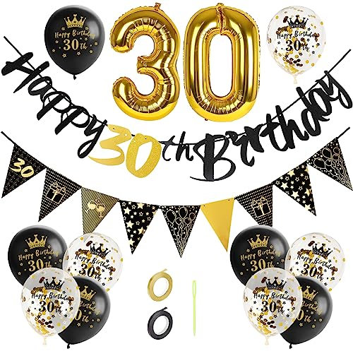 GoldRock 30. Geburtstag Deko Set für Männer und Frauen - Luftballons, Happy Birthday Girlande, Folienballon Zahl 30