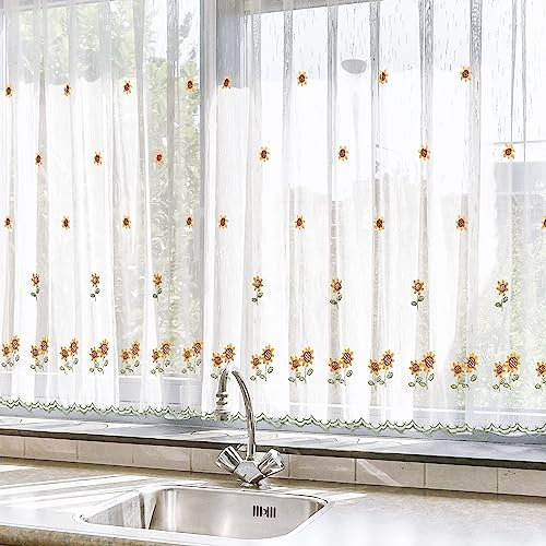 HOMEYA - Cortina Cocina Translúcida 100x140cm - Visillo Transparente Estampado para Ventana, Marco de Puerta - 2 Unidades