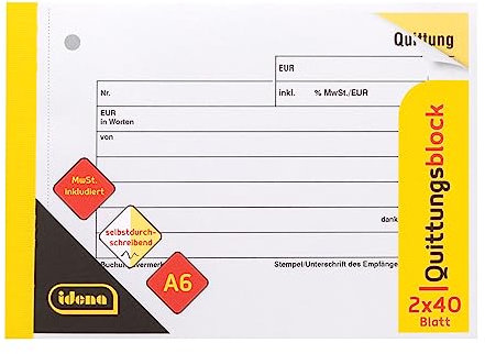 Idena 10850 - Quittungsblock mit Durchschlag, DIN A6, 2 x 40 Blatt, inkludierte MwSt., selbstdurchschreibend