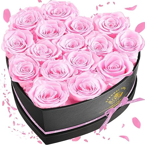 Impouo 16-Piece Forever Flowers Heart Shape Box - Preserved Roses, Birthday Gifts for Women- Valentines, Anniversary, Wedding Gifts- Pink Roses