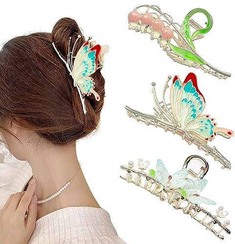 3 Pezzi Mollettone Capelli Antiscivolo 11 cm, Fiore Butterfly Metallo Hairpin per le donne Grandi clip, Pinze per Capelli in Metallo, per Ragazze Capelli Spessi e Sottili