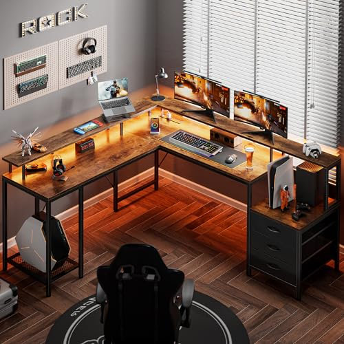 Huuger L Shaped Gaming Desk with LED Lights and Power Outlets, Computer Desk with Drawers, 66.1 Inches Corner Desk, Home Office Desk with Printer and Monitor Stand, Large Storage, Rustic Brown