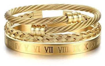 FIOROYAL 3 Stück Edelstahl-Armbänder für Herren, römische Ziffern-Armreif, verstellbares Manschettenarmband, gedrehtes Kabelarmband, Herren-Luxus-Armbänder, Schmuck, Geschenke, Gold