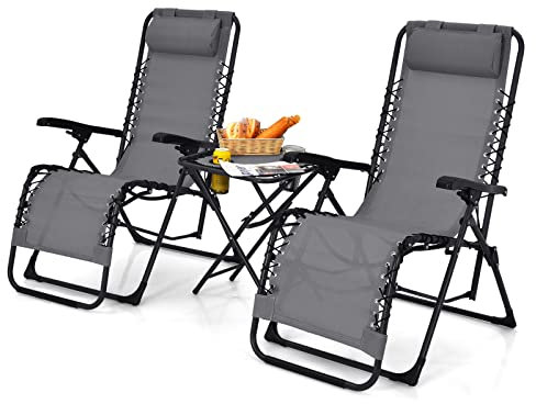 GIANTEX 3-teiliges Sonnenliege Set klappbar, Gartenliege Set mit Tisch, Liegestuhl mit Verstellbarer Rückenlehne & Fußteil, Sonnenliege Set 2 Personen, Beistelltisch mit Getränkehalter (Grau)