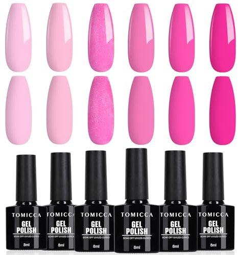TOMICCA UV Gel Nagellack Set, 6 Farben Rosa Nagellack, Soak-Off UV/LED Gel Geschenk für Nagelstudio DIY Home, 8ML