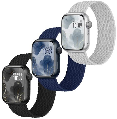 Raradev 3 Stück Geflochten Armband Kompatibel mit Apple Watch Armband 42mm 41mm 40mm 38mm, Elastisch Nylon Band Solo Loop Sport Armbänder für iWatch Series 10 9 8 7 6 5 4 3 2 1 SE, L 145mm
