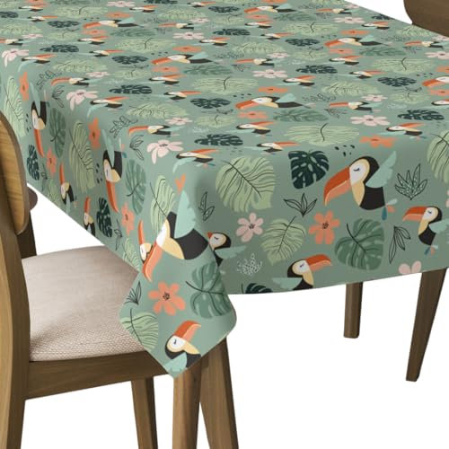 HEKO PANELS Tischdecke Wasserabweisend Abwaschbar 140 x 110 cm Tischtuch Outdoor Gartentischdecke Fleckschutz Tafeldecke Tukane Blätter