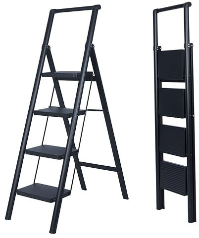 UZIRO Escalera Plegable 4 Peldaños, Liviana y Compacta, Diseño Decorativo, Peldaños Anchos Antideslizantes, Ideal para Uso en Hogar, Cocina y Oficina, Fácil de Guardar y Transportar, Alta Durabilidad