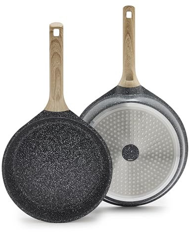 GreenLife Arte 2 Piece Frying Pan Set, Ceramic Nonstick 9.5 & 11 Skillets, Induction Suitable, Non Toxic PFOA & PFAS Free, Wood Print Handles, Dishwasher Safe, Speckled Black