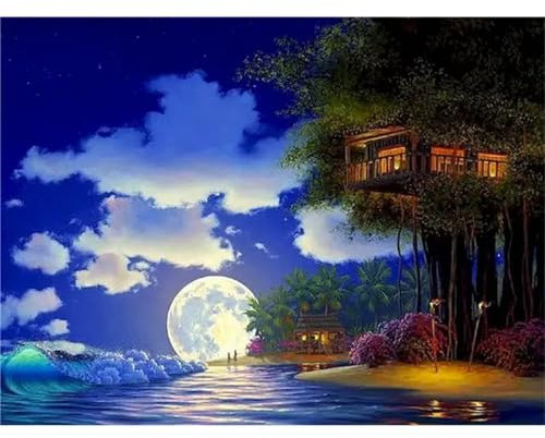 Aimaor Mond-Baumhaus Malen Nach Zahlen Erwachsene Ohne Rahmen DIY Handgemalt Ölgemälde Leinwand Malen Nach Zahlen Kits mit Pinseln und Acrylfarben Kunsthandwerk für Zuhause Dekor - 60x75cm