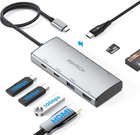 RSHTECH 10Gbps USB C Hub, 7-in-1 USB-C Multiport Adapter with 4K@60Hz HDMI, 3 USB 3.2 (2C+1A), 100W PD & SD/TF, USBC Splitter Compatible with MacBook Air/Pro, Surface, XPS and other laptops, RSH-T07