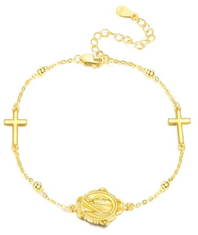 VONALA Jungfrau Maria Gold überzogen 925 Sterling Silber Armband Einstellbare Perle Charm Link Kette Schmuck Geschenk für Frauen Weihnachten Heilige Kommunion