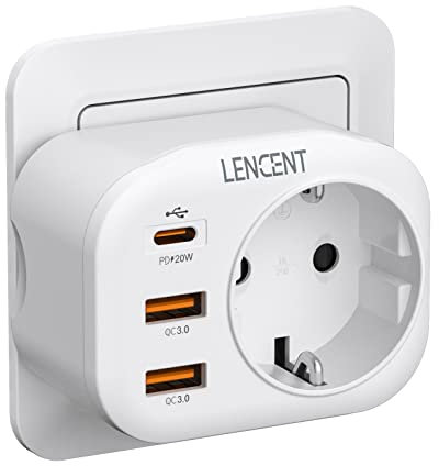 LENCENT USB Steckdose Mehrfachstecker EU Adapter mit 1 PD & 2 QC USB 3,0 Schnellladung Anschlüße, Wand Steckdose Schuko 4000W Stromadapter Stecker für Phone und Haushaltsgeräte