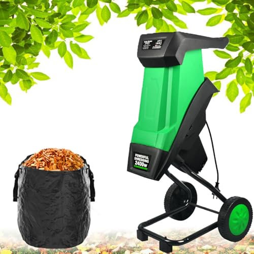 Trituratore per Foglie da Giardino 4500 Giri/min, Cippatore Elettrico Portatile da 2400 W, Taglio Diretto da 39 mm, con Sacco di Raccolta da 50 Litri, Ruote e Manopola di Bloccaggio di Sicurezza