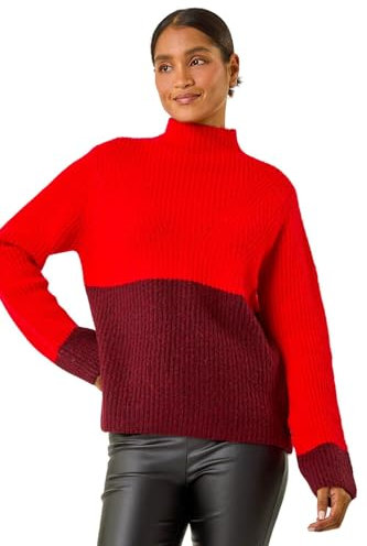 Roman Colour Block Funnel Neck Knit Jumper for Women UK - Ladies Autumn Everyday Winter Holiday Long Sleeve Soft Warm Feel Comfy Two Tone Top Office Desk Sweaters - Red - Size 16